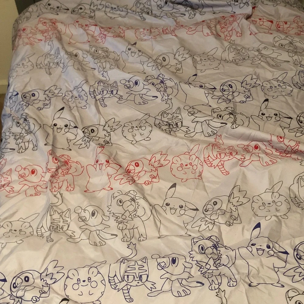 Pokemon Character Print Twin/Full Sheet - Red & Blue Line Art on White
